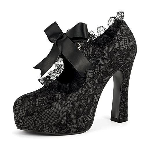 elerhythm donne in pizzo fiore mary jane punk closed toe costume elegante gothic pumps vintage piattaforma tacchi alti scarpe, nero , 40 eu
