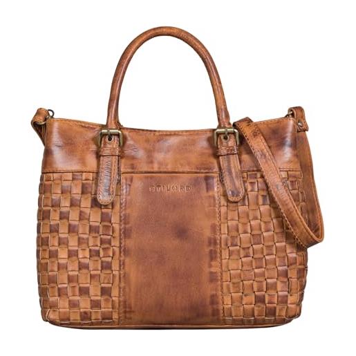 STILORD 'daniela' moderna borsa a mano pelle donna con aspetto intrecciato vintage borsetta tracolla della spesa tote bag cuoio autentico, colore: larino - marrone