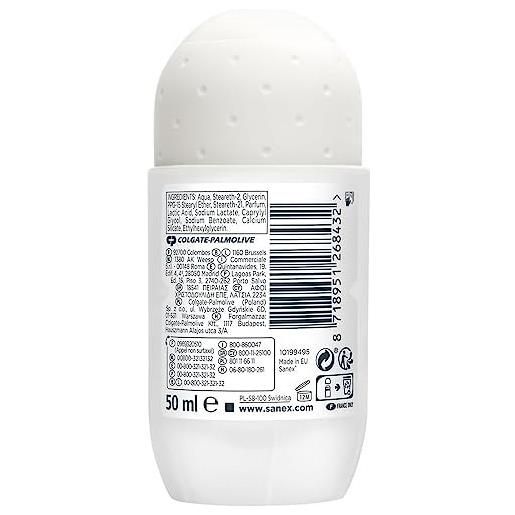 Sanex - deodorante a sfera 0% sensitive - deodorante per uomo e donna - efficace 24 ore - senza alcool, senza sali di alluminio - set di 6 roll-on da 50 ml