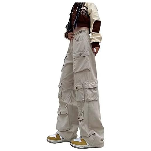 NHNKB hip hop pantaloni da lavoro da donna tall american street wide leg high street straight tube show thin design sense cargo pantaloni per il tempo libero con tasche per la meditazione, beige. , xl