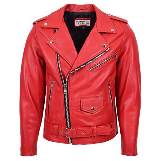 House Of Leather giacca da motociclista da uomo in vera pelle con cerniera incrociata stile kyle, rosso, l