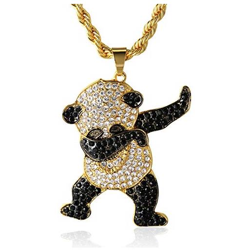 HALUKAKAH catena d'oro uomo iced out, placcato in oro 18 carati panda che balla pendente collana, cz completa lab diamantes prong set, con catena di corda 60cm, 0 pacco regalo