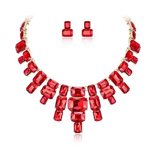 EVER FAITH set di gioielli dichiarativi rosso, set di orecchini con collare, collana e borchie in cristallo art deco, vintage. 