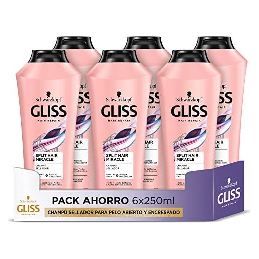Gliss - shampoo sigillante per capelli aperti e crespi - split hair miracle - 6 x 250 ml (1500 ml) - gamma sigillante