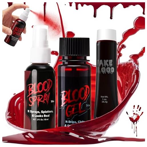 Spooktacular Creations 3 confezioni set di sangue finto di halloween, gel di sangue di halloween, spray di sangue e tubo di sangue di vampiro per costume di halloween, cosplay di vampiri e mostri