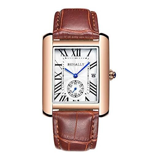 Haonb orologi da polso orologio impermeabile business in pelle di moda, marrone con guscio in oro bianco
