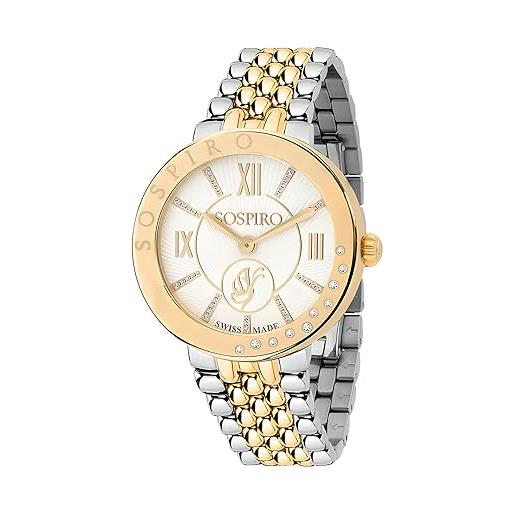 Sospiro orologio da donna in acciaio inossidabile diamantini oro, analogico al quarzo 34mm, bracciale in acciaio, fatto in svizzera, resistenza 5atm, vetro zaffiro