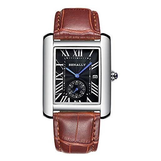 Haonb orologi da polso orologio impermeabile business in pelle di moda, marrone con conchiglia nera quadrante nero