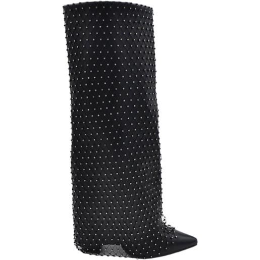 Malu Shoes stivali donna nero al ginocchio punta con para risvolto pezzo di pelle e rete glitter tacco doppio shark liscio moda