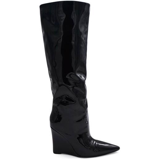 Malu Shoes stivale donna al ginocchio in pelle lucida vinile nero a punta con zeppa alta liscio tacco unito moda aderente