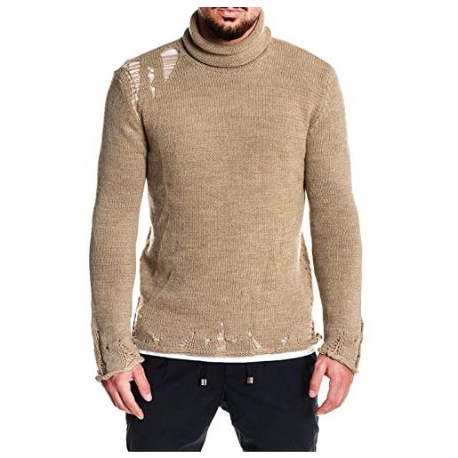 BOTCAM dolcevita uomo lavorato a maglia con maglione strappato solido uomo maglione funzionale giacca 48, cachi, m