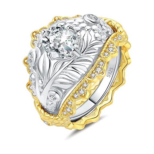 JewelryPalace 1.55ct vintage anello foglia donna argento con cubica zirconia, anelli impilabili in pizzo donna 925 con pietra ovale, fedi nuziali bicolore anelli dorati matrimonio set gioielli donna