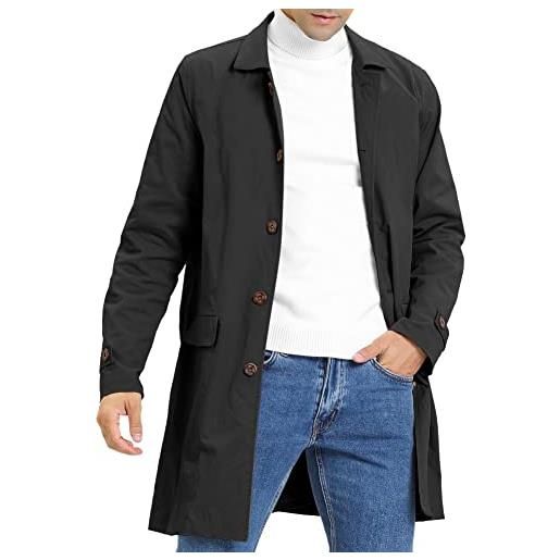 Feziakuk trench uomo monopetto lungo cappotto leggero risvolto autunno inverno giacca mezza stagione, nero , m