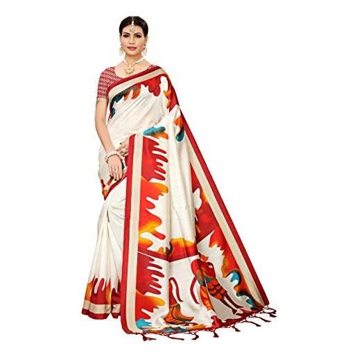 ETHNICMODE indian women's banarasi art silk fabrics multi-colored printed sari with blouse piece (fabric) phulkari maroon