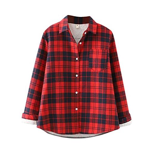 Generic moda donna autunno e inverno imbottito e ispessito plaid camicia calda camicia casual giacca pizzo camic, rosso, l