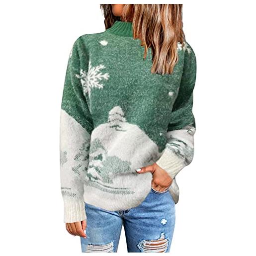 QWUVEDS maglione natalizio chenke per natale, dolcevita da donna, con stampa natalizia, collo alto, a maniche lunghe, dolcevita, a1-verde, l