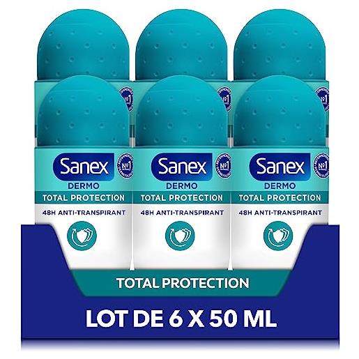 Sanex - deodorante anti-traspirante a sfera dermo total protection - anti-sudorazione & odori 48 ore - ingredienti nutrienti - testato dermatologicamente - confezione da 6 x 50 ml