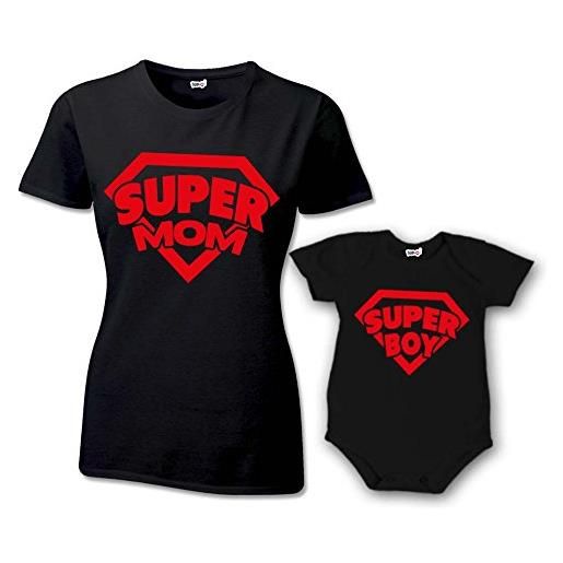 Babloo coppia t-shirt e bodino magliette mamma e figlio/figlia idea regalo festa della mamma super mom t-shirt nere mamma e maschietto donna m - bimbo 0-1 mese