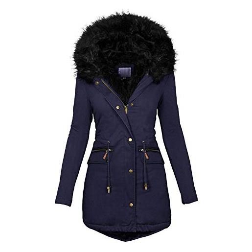 Pianshanzi giacca invernale da donna, elegante, trapuntata, lunga con pelliccia, impermeabile, colore nero, per le mezze stagioni, per le mezze stagioni, blu marino, s