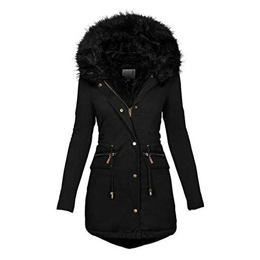 Pianshanzi giacca invernale da donna, elegante, trapuntata, lunga con pelliccia, impermeabile, colore nero, per le mezze stagioni, per le mezze stagioni, blu marino, s