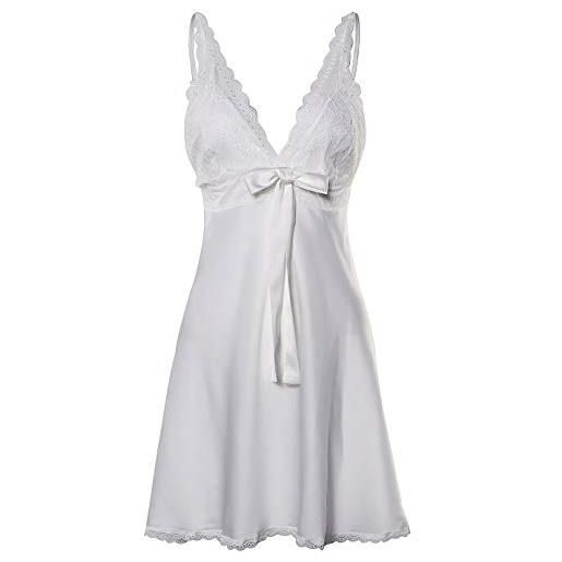 BellisMira camicia da notte da donna, in pizzo, con scollo a v, elegante lingerie dal taglio corto bianco m