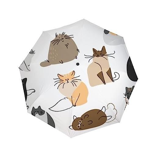 Generic balll ombrello pieghevole con apertura automatica e chiusura anti-uv carino gatti divertenti scarabocchiare ombrello compatto da viaggio portatile, carino divertente gatti doodle