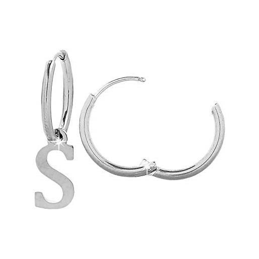 Beloved orecchini da donna a cerchio in acciaio - uno con iniziale e uno a cerchietto semplice - per lobi forati - chiusura a scatto (silver lettera s)