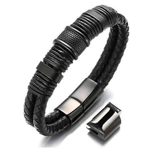 HALUKAKAH plus ● solo ● bracciale uomo in vera pelle cuoio nero fatto a mano titanio acciaio chiusura magnetica taglia regolabile 8.46-9(21.5-23cm) con pacco regalo gratuita