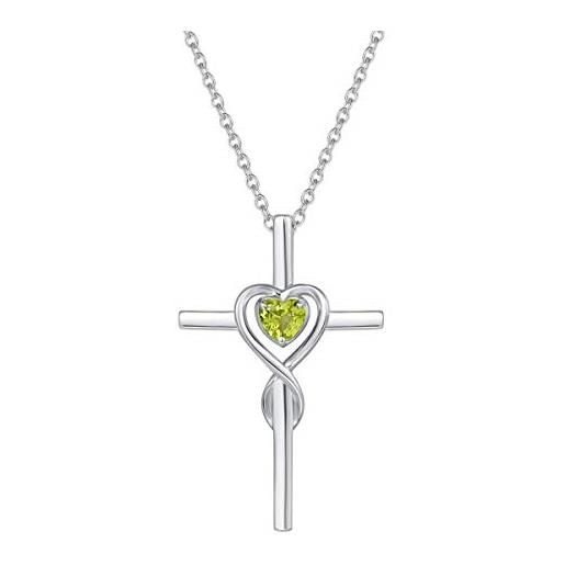 FANCIME croce ciondolo collana infinito cuore per donna in argento 925 con peridoto naturale - catena lunghezza: 40 + 5 cm