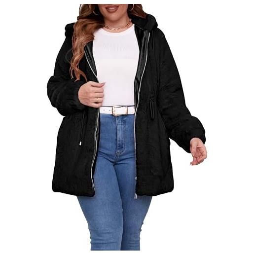 Geschallino taglie forti cappotto da donna in pelliccia sintetica lungo sfocato con cappuccio soffice cappotto sherpa giacca invernale in pile con vita coulisse 2135plus nero 1x