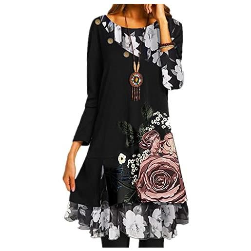 TangDao abito da donna in chiffon stampato, elegante, a maniche lunghe, per la primavera e l'autunno, nero con fiori grandi, l