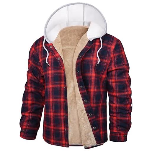 Vancavoo giubbotto camicia uomo camicia quadri boscaiolo flanella giacca casual plaid imbottita cappotto invernale in autunno con cappuccio, rosso+blu, l