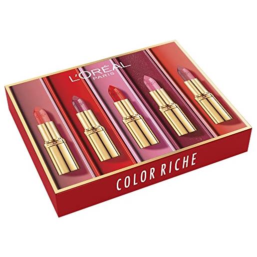 L'Oréal Paris - cofanetto 5 rossetti - finitura raso - color riche - tonalità: rosa tenera (303), legno di rosa (302), berry blush (258), magnetic coral (373) & perfect red (377)