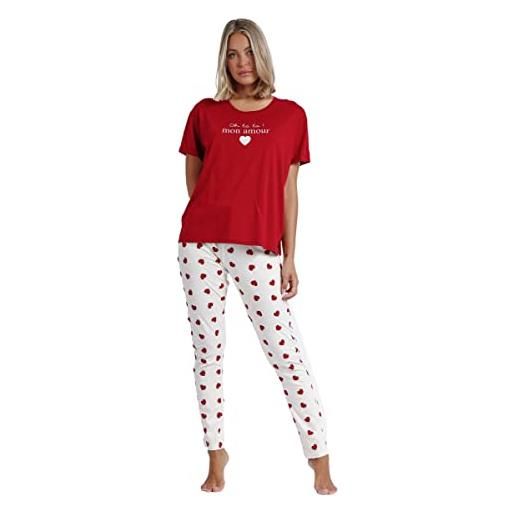 ADMAS pigiama in maglia di cotone a maniche corte con scollo tondo e pantalone lungo. Multicolore bianco, rosso