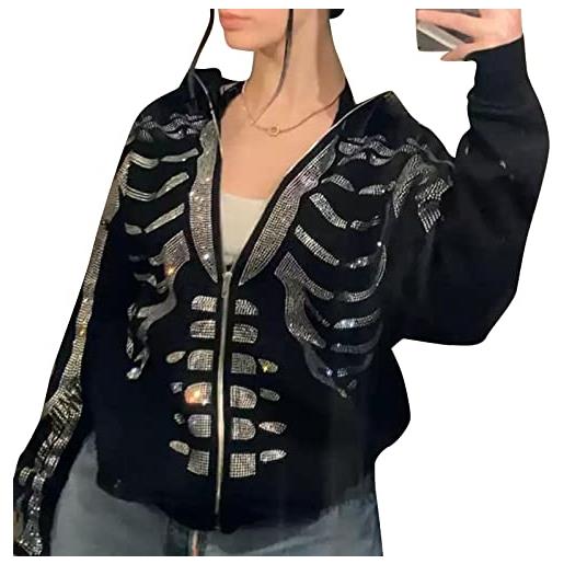 FeMereina felpa con cappuccio da donna con zip e strass vintage con stampa scheletro grafica con cappuccio estetico giacche oversize halloween streetwear, marrone #3. , s