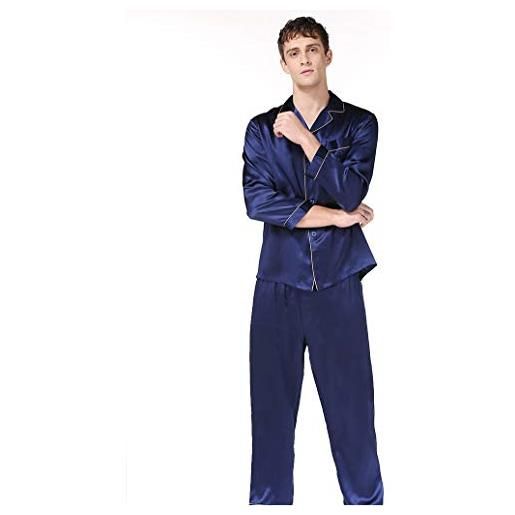 Seres pigiama da notte in seta da uomo, camicia a maniche lunghe e pantaloni lunghi, 100% seta (principale), 5 colori, , blu, xl