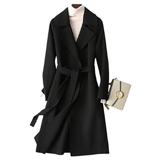 GL SUIT - cappotto invernale da donna, 100% lana, tinta unita, in cashmere, sottile, caldo, lungo, a maniche lunghe, con cintura, colore: nero, m