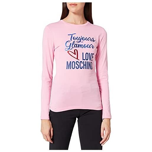 Love Moschino maglietta a maniche lunghe in jersey di cotone 30/1. Customized with glitter print of seasonal slogan and logo. T-shirt, bianco, 54 donna