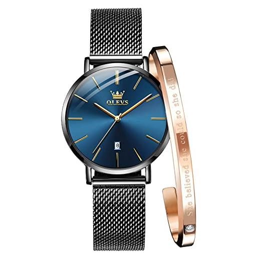 OLEVS orologio da polso da donna, 6,5 mm, ultra sottile, impermeabile, al quarzo, giapponese, alla moda, con data, orologio da polso, nero e blu. , bracciale