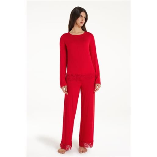 Tezenis pigiama lungo viscosa con pizzo donna rosso