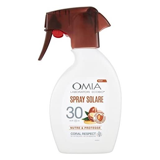 Omia - spray solare protettivo spf30 viso e corpo con olio di argan del marocco, protezione solare alta, per pelli chiare e sensibili al sole, dermatologicamente testato, flacone da 200 ml