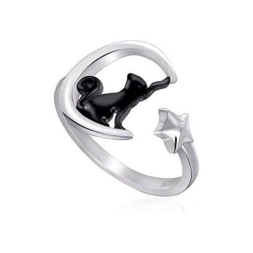 Qings anello aperto gatto nero in argento sterling 925 stella luna regolabile anello con zirconi per donne ragazze