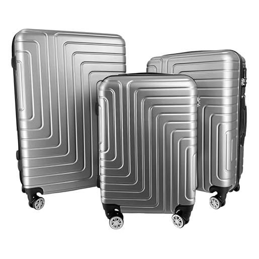 R.Leone valigia da 1 fino a set 4 trolley rigido grande, medio, bagaglio a mano e beauty case 8 ruote in abs 950 (set 3 s m l, argento)