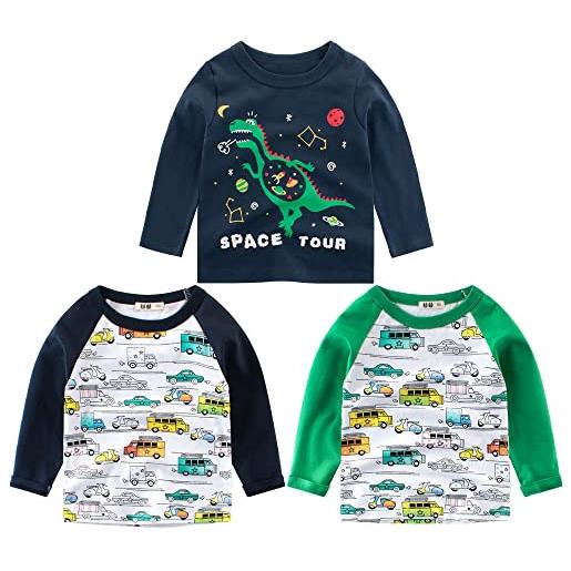 TOKYMOON confezione da 3 magliette a maniche lunghe da bambino, con scollo rotondo a maniche lunghe, in cotone, con stampa dinosauro, per bambini da 1 a 7 anni, verde, 86-92 cm