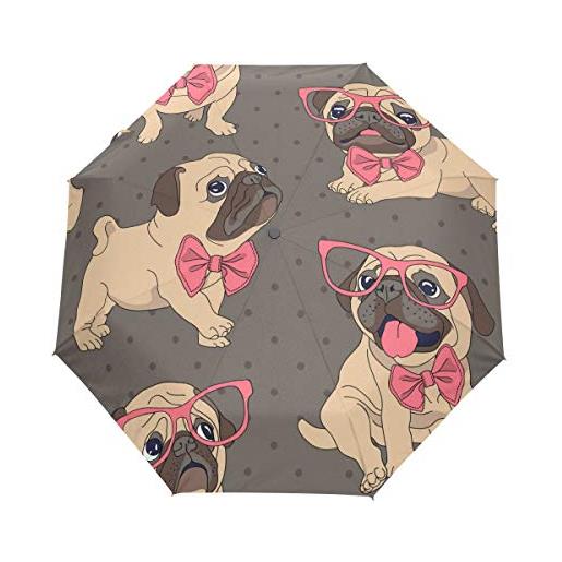 QMIN - ombrello pieghevole per auto, motivo carlino e cane, antivento, anti-uv, protezione da viaggio, compatto, per donne, uomini e ragazze