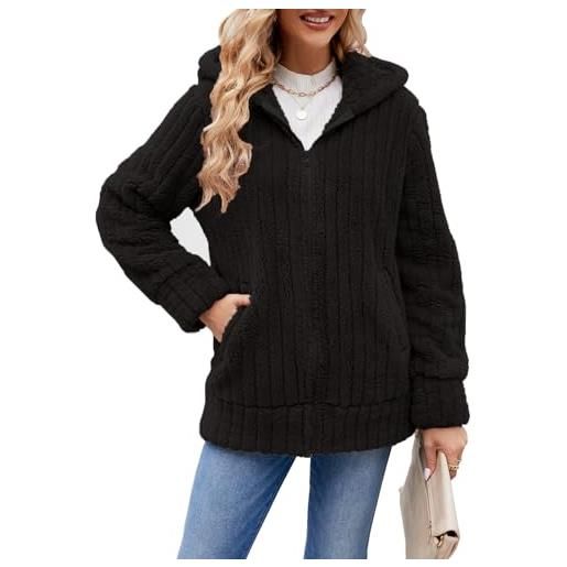Yeenily cappotto donna con cappuccio manica lunga cerniera caldo giacca casuale sciolto peluche outerwear(grigio scuro, s)