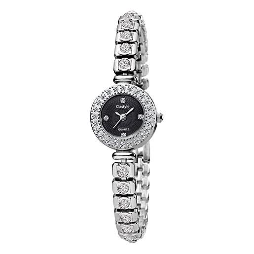 Clastyle orologio a bracciale donna strass argento orologi donne da polso piccolo elegante orologio da donna, nero