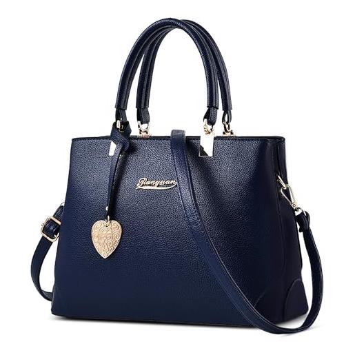 SODOLLEE borsa donna elegante borsa a mano con ciondolo a cuore tasche multiple borsetta tracolla vintage pelle pu borsa a spalla per incontri lavoro affari blu
