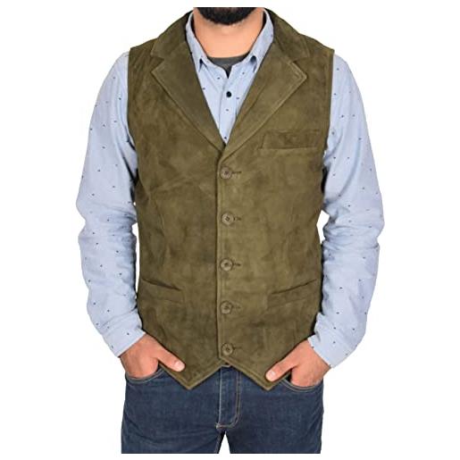 House Of Leather gilet da uomo in vera pelle scamosciata, con chiusura a bottoni, verde, m