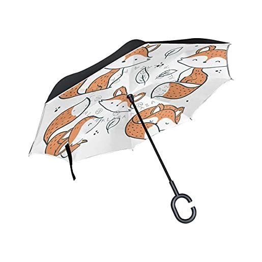 Hengpai - ombrello con volpe divertente, invertito e rovesciato, per auto unigue, antivento, a prova di raggi uv, doppio strato per le donne